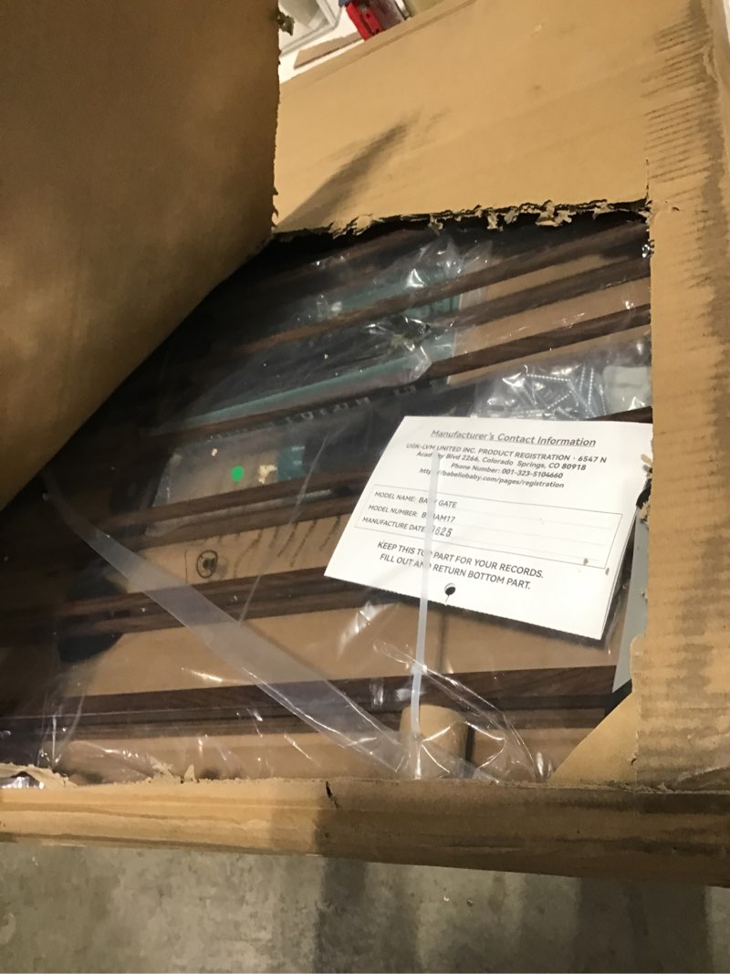 Condition photo showing New/Like New for Babelio Baby Gate for Stairs & Doorways, 26-43" W 28" H No Bottom Bar| Easy Installation| One-Handed Operation| Auto-Close| Hardware Mount (Drill Needed) Safety Dog/Pet Gate (Black Wood Pattern) Black Wood Pattern - B17 28" H, 26-43" W-Standard