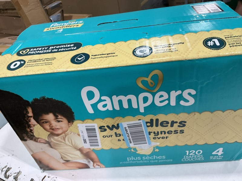 Condition photo showing New/Like New for pampers swaddlers diapers, size 4 (15-34 lbs), 120 count, absorbent, keeps baby dry and comfortable, skin safe disposable baby diaper (packaging may vary) size 4 120