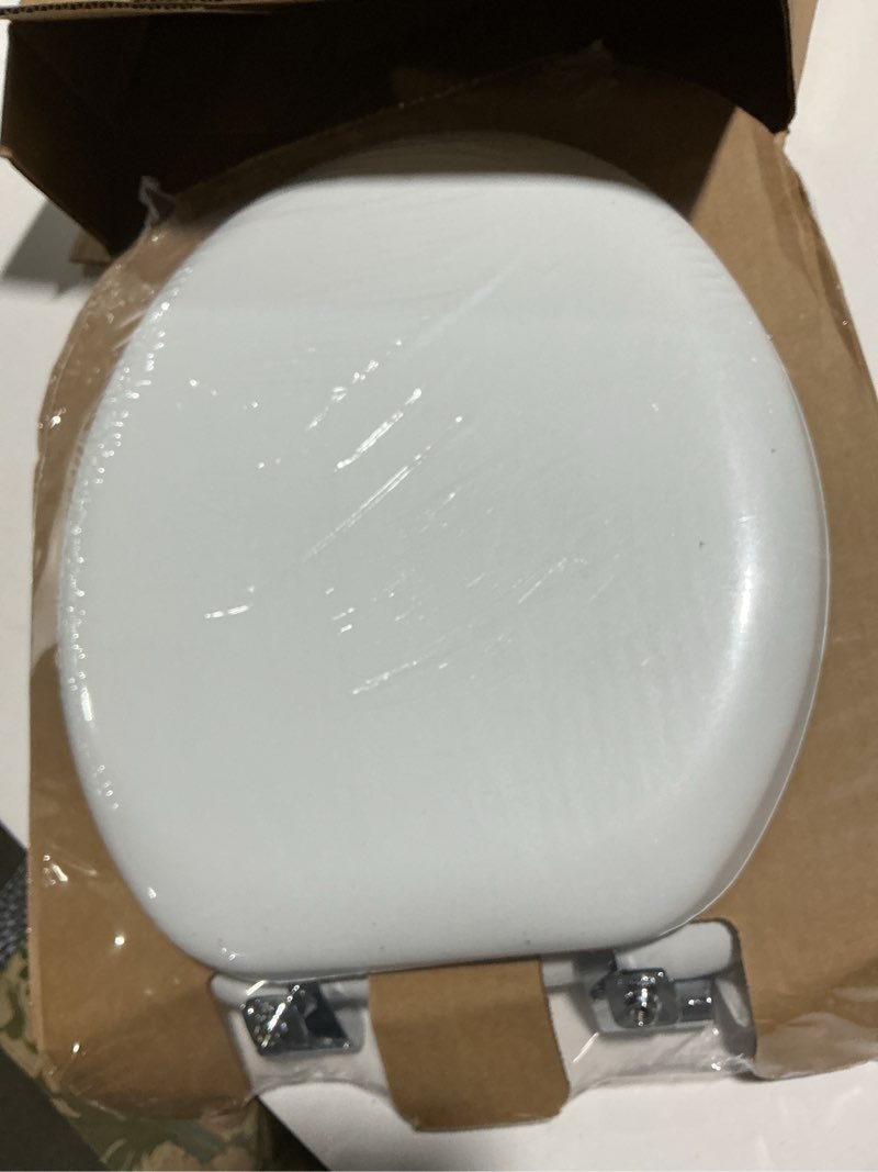Condition photo showing Good Condition for Mayfair Padded Toilet Seat with Chrome Hinges, Soft Vinyl over Wood Core Seat, Made in USA, Round, White Elongated Seat