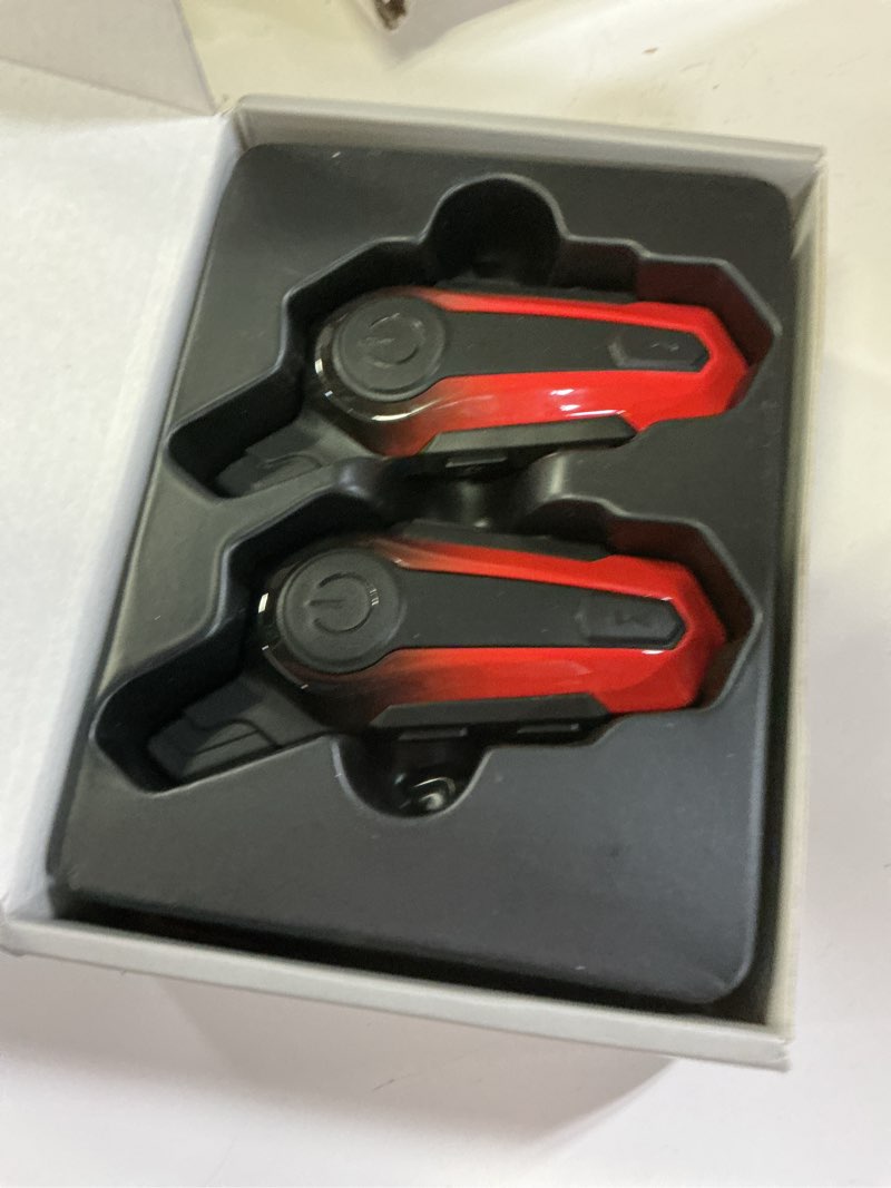Condition photo showing Good Condition for motorcycle bluetooth headset for wireless dirt bike 2 riders 600m intercom cvc noise cancellation stereo hifi music ip67 waterproof for full face helmet with tail light (red-dual pack) red_dual_tail_light