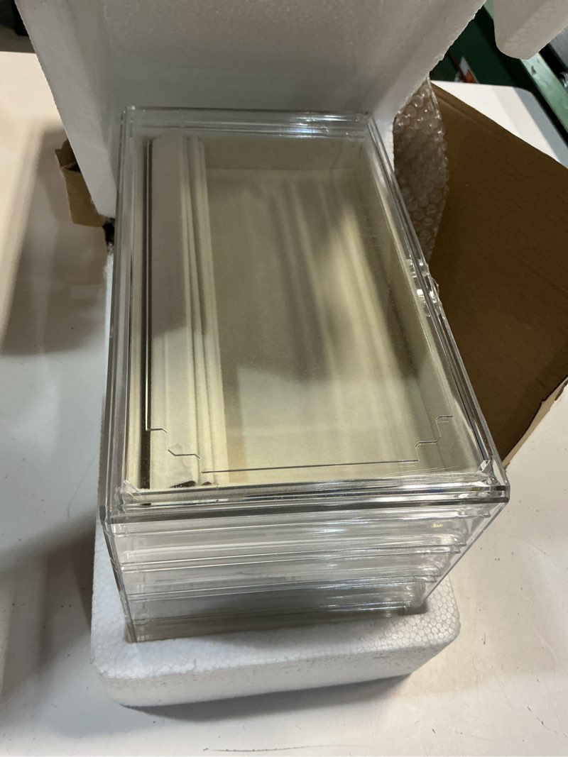 Condition photo showing New/Like New for necklace holder organizer, dustproof necklace box velvet necklace organizer box with lid clear acrylic dustproof stackable jewelry displays for necklaces chain display (beige, 5 drawer) 5 drawer beige