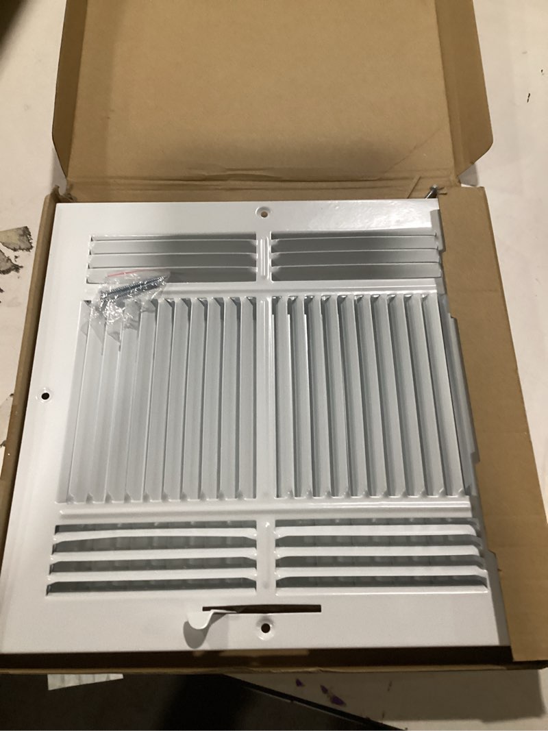 Condition photo showing Good Condition for pelopy 1 pack duct opening ceiling register 4 way grille register floor vent cover adjustable damper solid steel ceiling sidewall supply for hvac heat and air conditioner (12 * 12 inch,white) 12*12 inch white 1