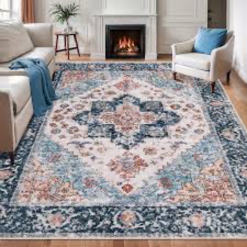 kokia area rugs living room 8x10 ultra-thin no pile washable solani sky blue large area rug bedroom geometric tribal distressed lightweight carpet for dining room home office 8' x 10' (rectangular) aegean/skyblue/oatmeal/amber
