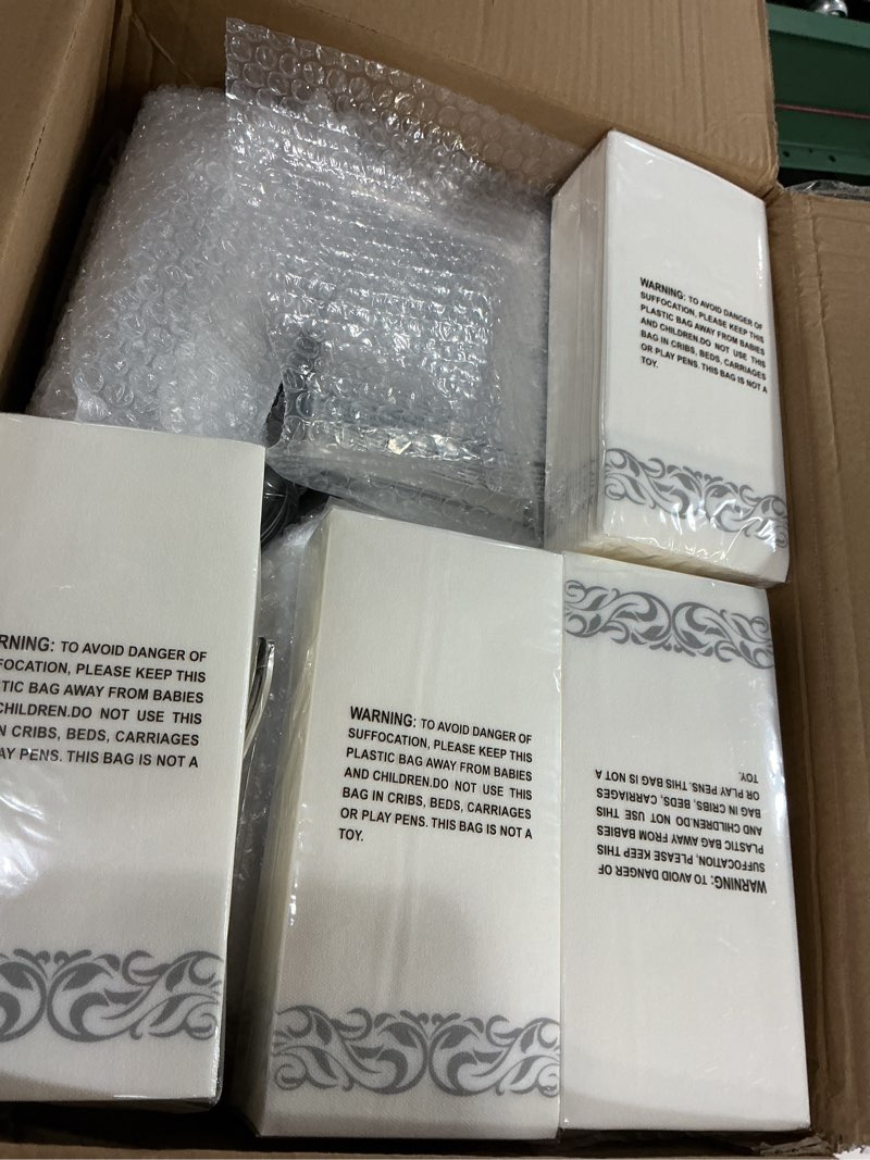 Condition photo showing Good Condition for Goodluck 700 Piece Silver Dinnerware Set for 100 Guests, Disposable Plastic Plates for Party, Include: 100 Dinner Plates, 100 Dessert Plates, 100 Paper Napkins, 100 Cups, 100 Silverware set Silver 100 Guests
