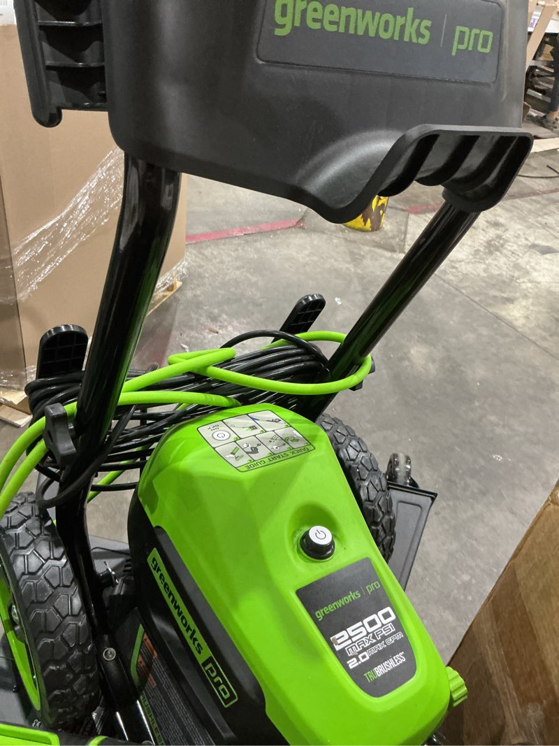 Condition photo showing As Is for greenworks 2500-psi 2-gpm cold water electric pressure washer with 5 spray tips
