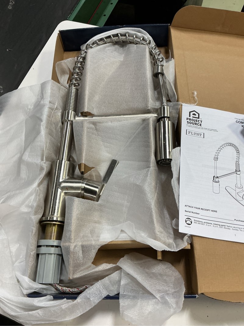 Condition photo showing As Is for project source flynt brushed nickel 1-handle deck-mount pull-down handle kitchen faucet (deck plate included)
