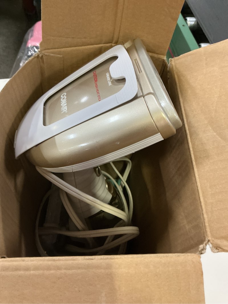 Condition photo showing As Is for conair handheld garment steamer for clothes, turbo extremesteam 1875w fabric steamer, portable handheld design, strong penetrating steam, white/champagne