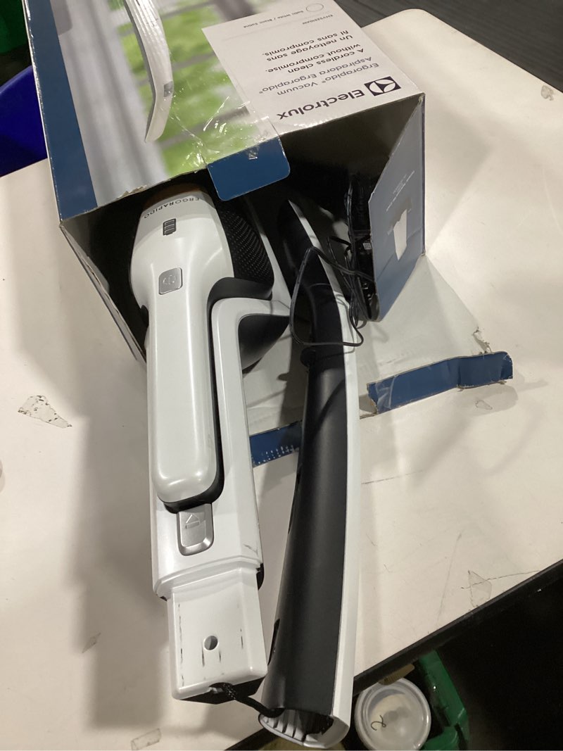Condition photo showing As Is for Electrolux Ergorapido Stick Cleaner Lightweight Cordless Vacuum with LED Nozzle Lights and Turbo Battery Power, for Carpets and Hard Floors, in, Satin White