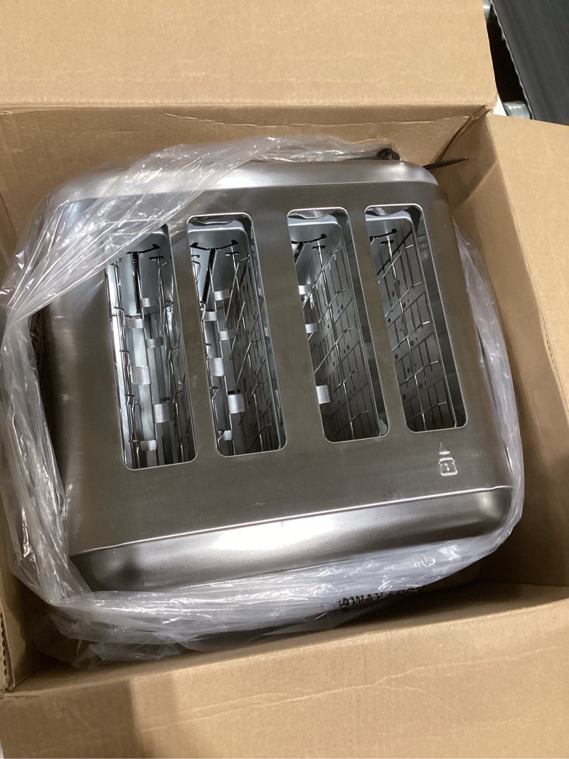 Condition photo showing New/Like New for cuisinart 4 slice toaster, compact stainless steel toaster with extra-wide slots for toasting bread, french toast, bagels and pastries, defrost & reheat functions, cpt-180bksp1, black/stainless steel black stainless steel