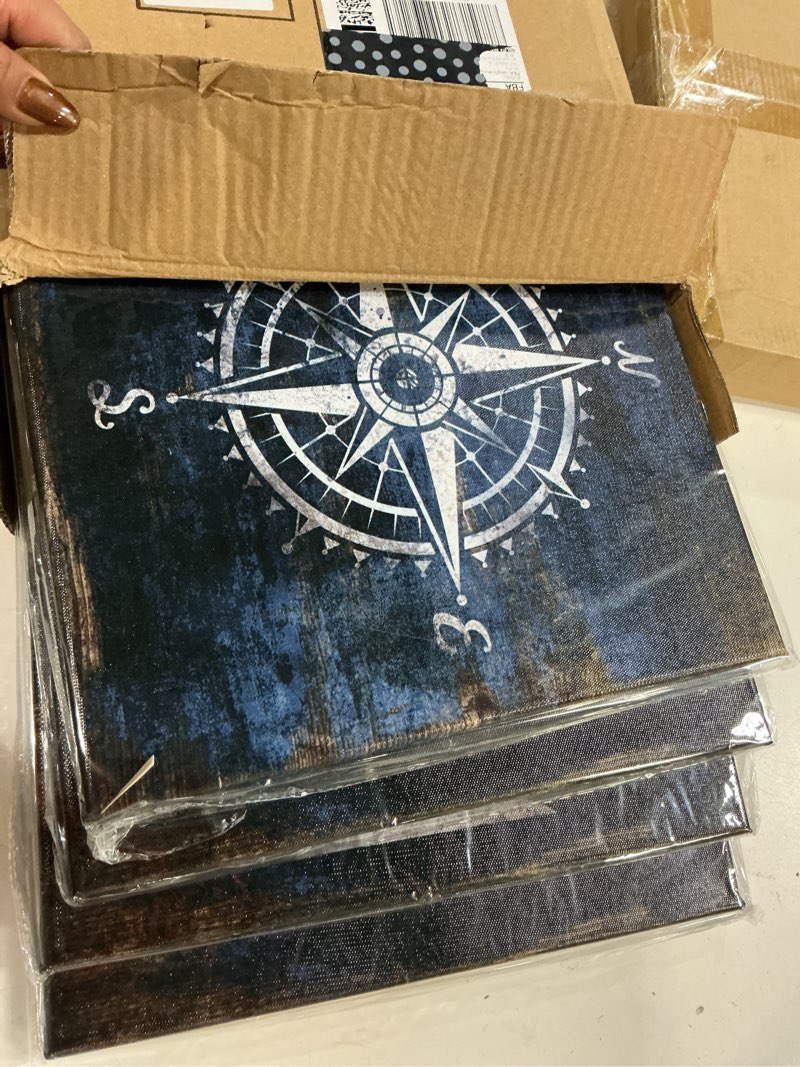 Condition photo showing New/Like New for klvos nautical canvas wall art navy blue boat anchor paintings helm drawing compass lighthouse rustic style beach home decor ready to hang for bathroom living room 12x12 inchx4 panels