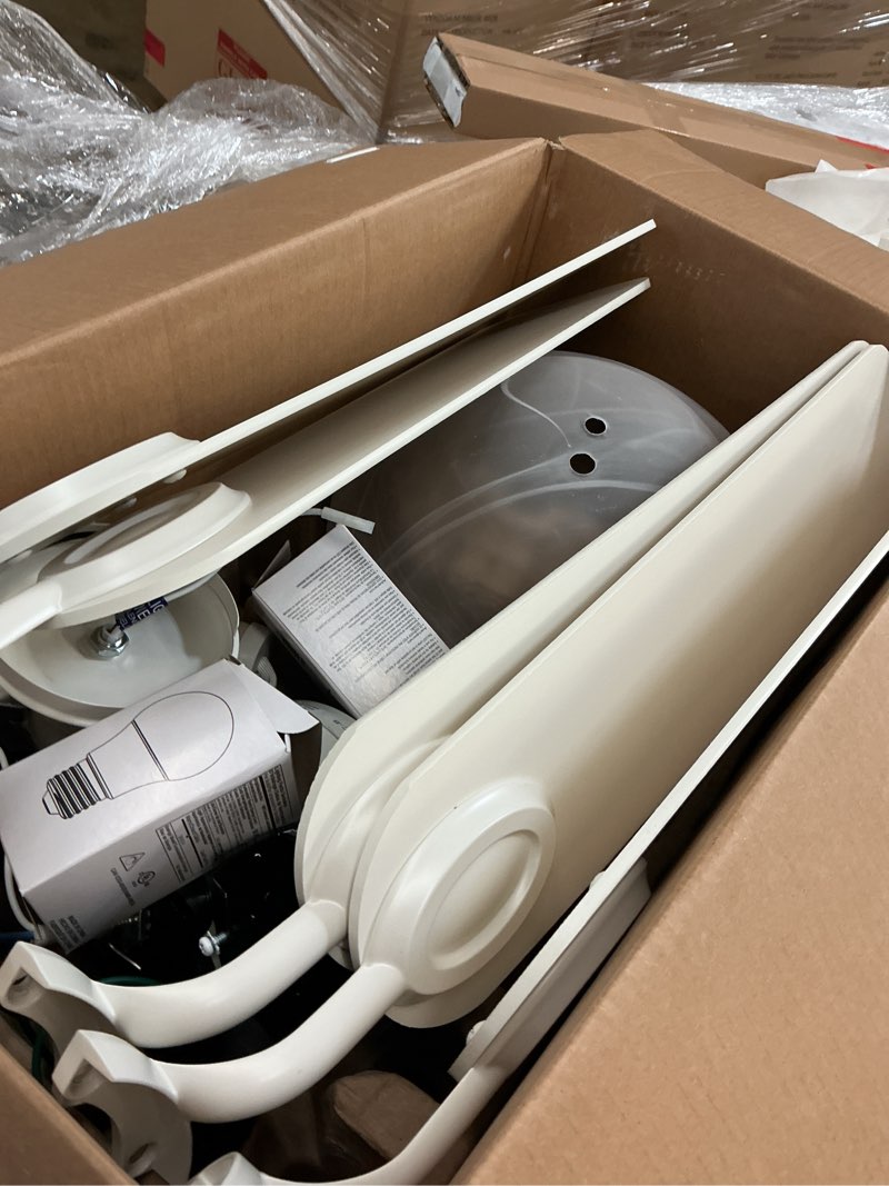 Condition photo showing As Is for harbor breeze mayfield 44-in white with white/golden blades led indoor flush mount ceiling fan with light (5-blade)
