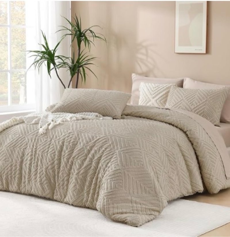 andency oatmeal king size comforter set, 3 pieces boho bedding set & collections, farmhouse tufted fluffy bedding comforter sets for all seasons (1 comforter 104x90in, 2 pillowcases)