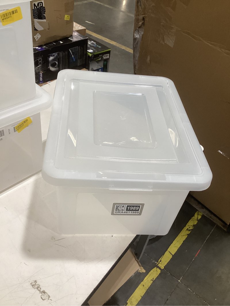Condition photo showing As Is for iris usa file box, plastic file boxes with lids, document organizer for letter/legal file, document box, storage bin for hanging files, secure latching lid stackable bpa-free, clear 35 qt. 1 pack clear - 1 pack