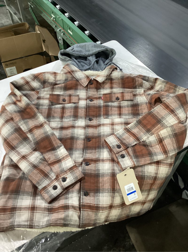 Condition photo showing New/Like New for levi's mens plaid sherpa lined hooded shirt jacket (regular & big & tall sizes) x-large sunset ombre plaid