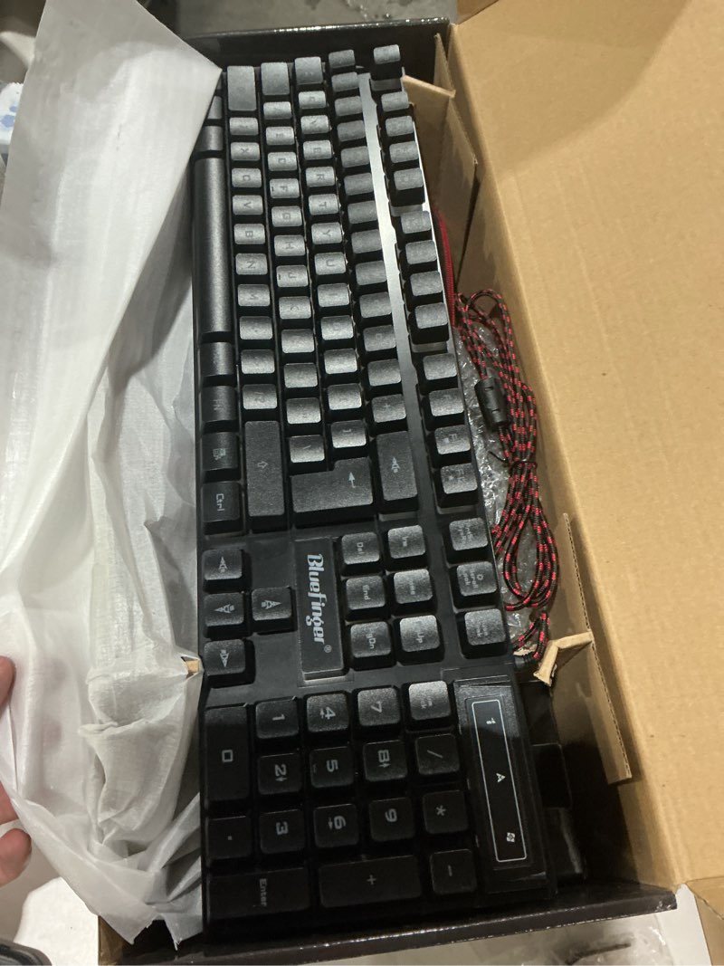 Condition photo showing New/Like New for bluefinger rgb gaming keyboard and backlit mouse and headset combo, usb wired backlit keyboard, led gaming mouse set, headset with microphone for laptop pc computer game and work black