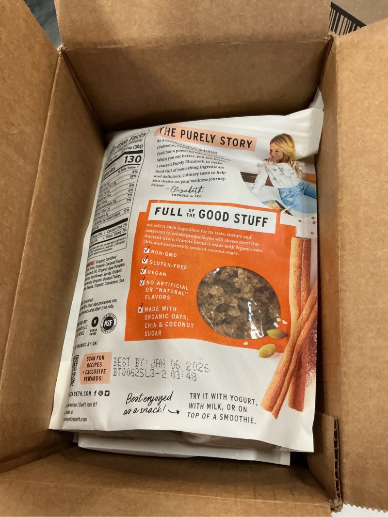 Condition photo showing New/Like New for (BEST BY:JAN/06/2026) Purely Elizabeth, Pumpkin Cinnamon, Ancient Grain Granola, Gluten-Free, Non-GMO, 12 Ounce (Pack of 3) Pumpkin Cinnamon 12 Ounce (Pack of 3)