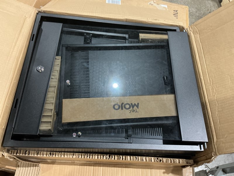 Condition photo showing As Is for tecmojo 9u wall mount server cabinet it network rack enclosure lockable door and side panels black,cooling fan, glass door, 17.7inch depth,for 19” it equipment, a/v devices 9u/glass door/black