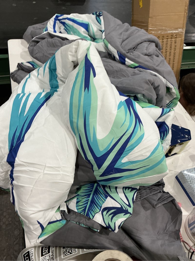Condition photo showing As Is for comforter set, blue green 5 pcs bedding for kids and adults, tropical palm leaf bed sheet sets with fitted sheet pillowcases & shams for bedroom bed decor