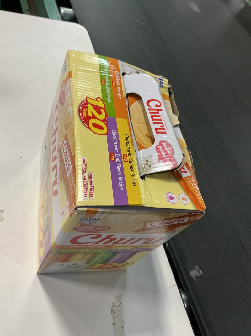 Condition photo showing New/Like New for INABA Churu Cat Treats, Lickable, Squeezable Creamy Purée with Vitamin E, 0.5 Ounces per Tube, 120 Tubes Total, Chicken Variety