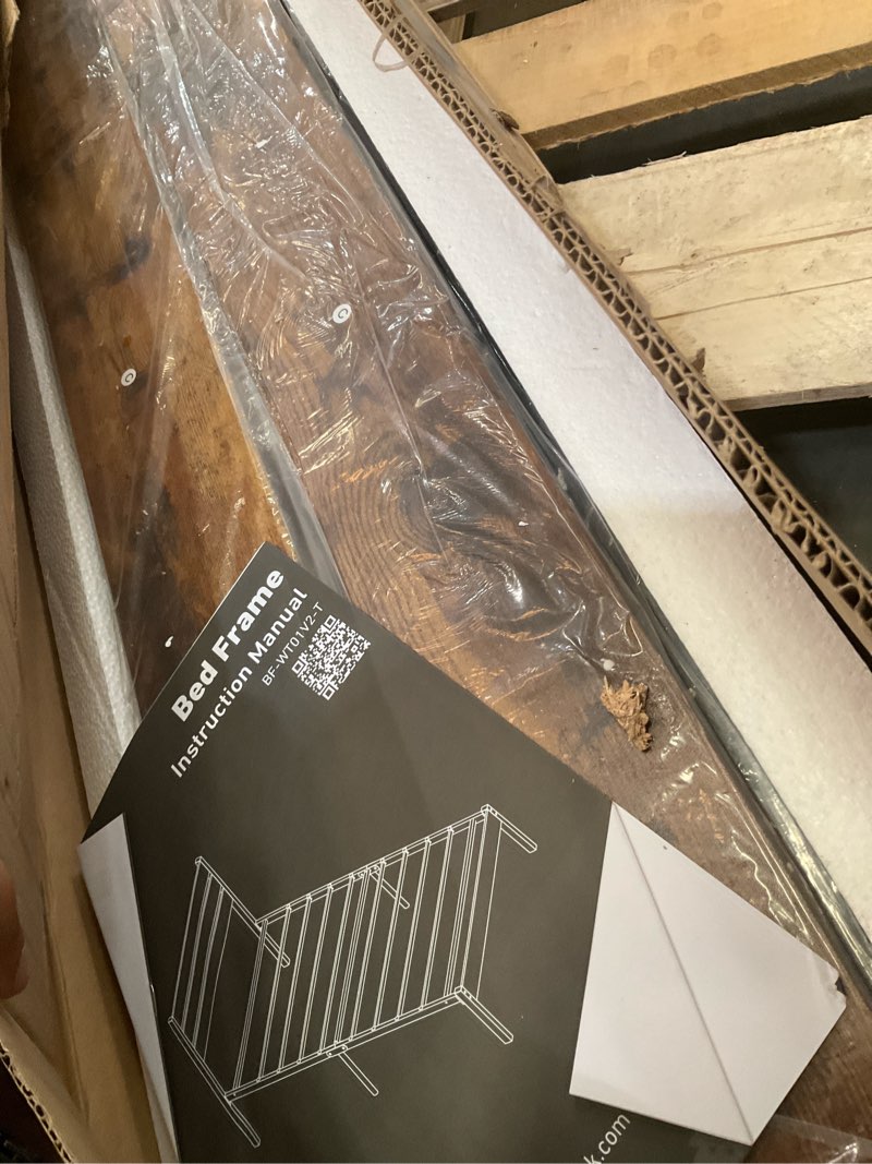 Condition photo showing As Is for sweetcrispy twin size metal platform bed frame - mattress foundation with headboard and and footboard, no box spring needed with 700lbs sturdy wooden slats support, noise free, easy assembly rust brown twin