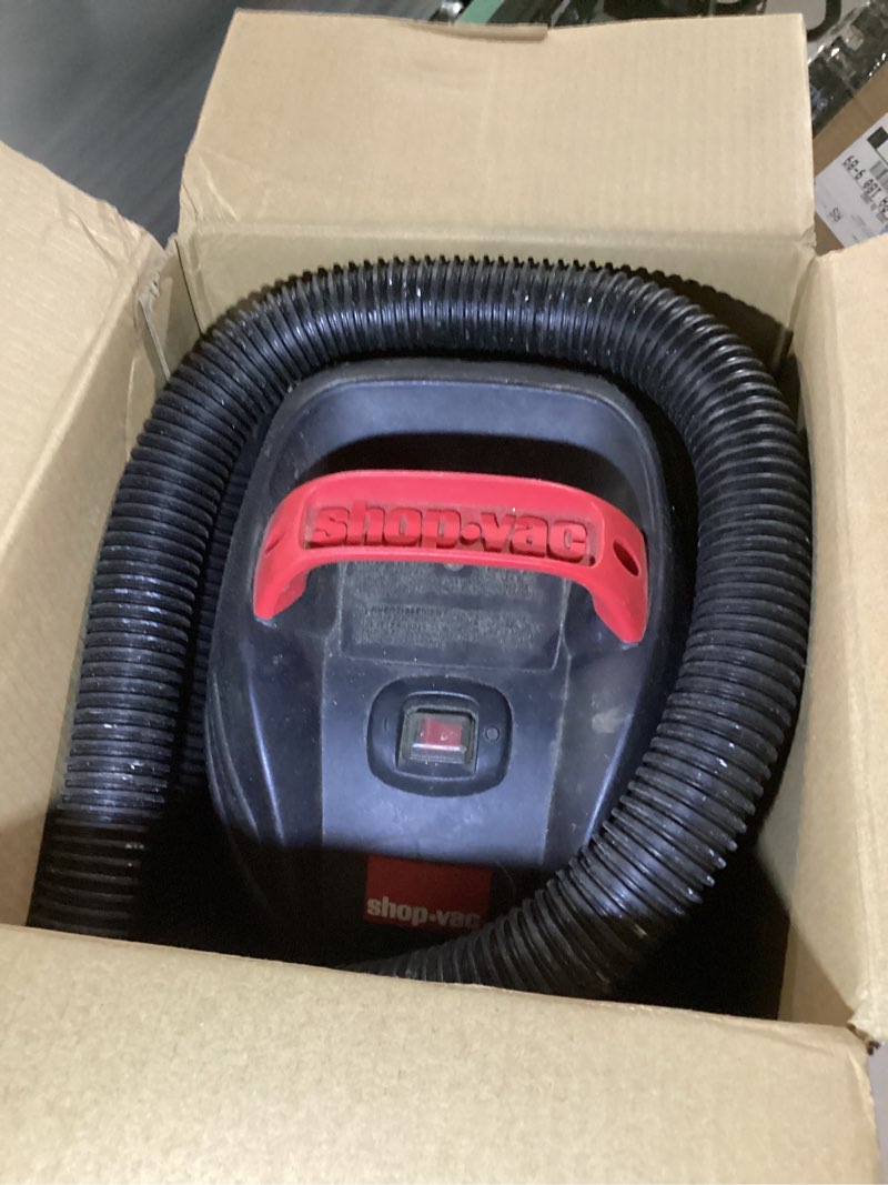 Condition photo showing As Is for Shop-Vac 9303511 2.5 Gallon Wet Dry Vacuum, 2.5 Peak HP, 1.25 Inch Diameter x 4 Foot Hose, 12 Ft Cord Length, Wall Mounted, Includes Filters, Ideal for Jobsite, Garage, Car & Workshop