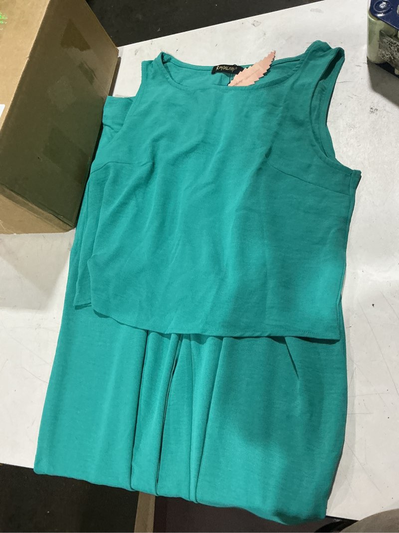 Condition photo showing Good Condition for roylamp women's summer 2 piece outfits round neck crop basic top cropped wide leg pants set jumpsuits peafowl green 1 large