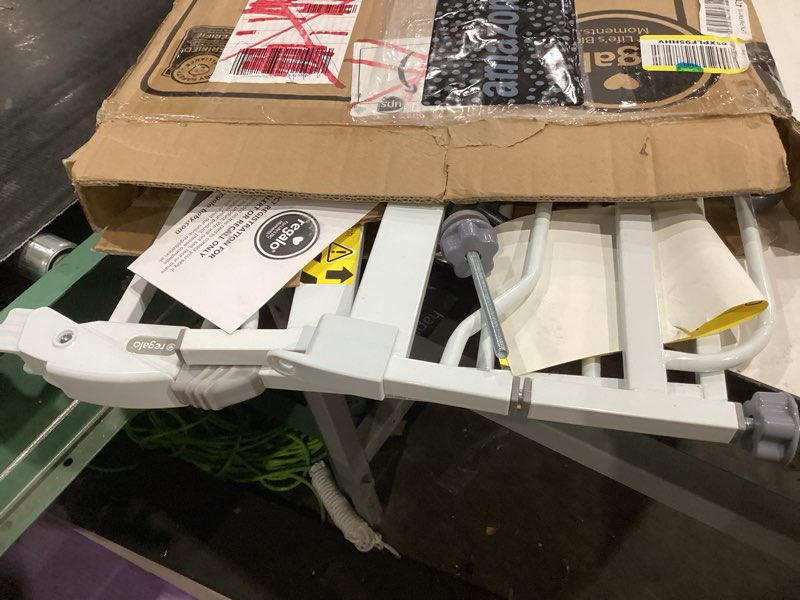 Condition photo showing Good Condition for regalo safety 36" extra tall baby gate for doorways & bottom of stairs, pressure mounted walk through gate for babies, toddlers & pets, tested & safe for 30 years, american designed, american owned white 29-36.5"w x 36"h
