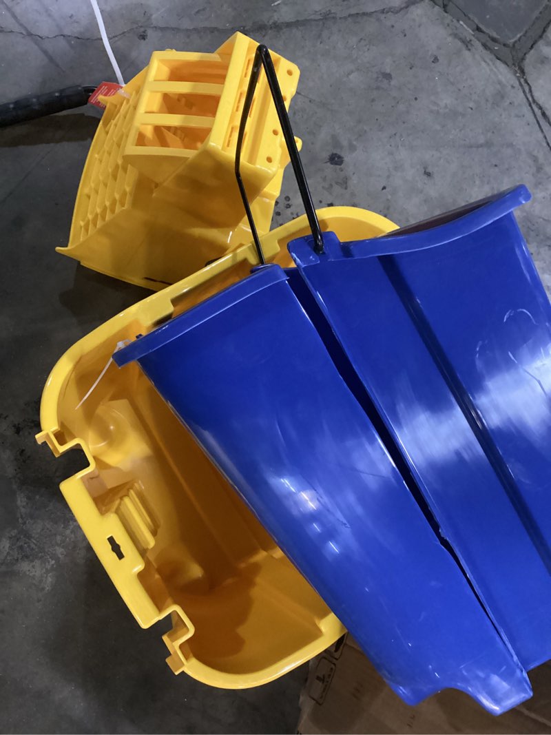 Condition photo showing As Is for Carlisle FoodService Products Omnifit Mop Bucket with Side Press Wringer and Soiled Water Insert for Floor Cleaning, Kitchens, Restaurants, And Janitorial Use, Polypropylene (Pp), 35 Quarts, Yellow Bucket with Wringer & Soiled Water Insert Yellow