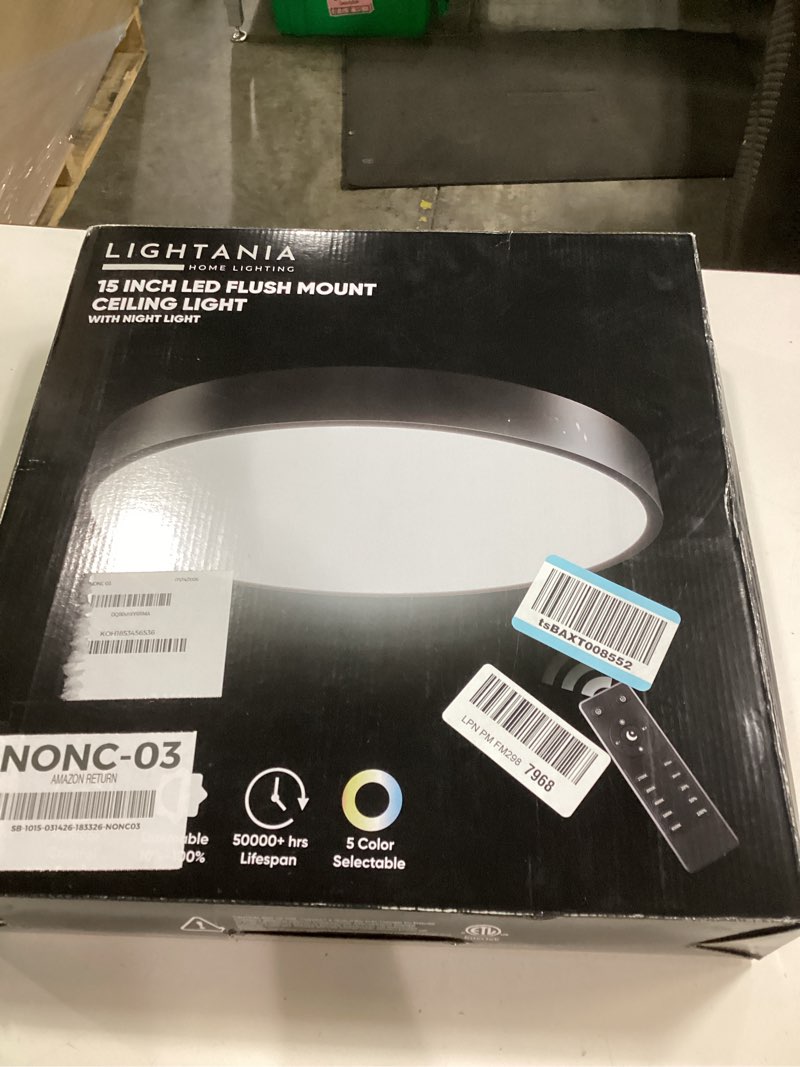 Condition photo showing New/Like New for lightania 15 inch flush mount ceiling light with remote control & night light, 5cct dimmable ceiling light fixture, 35w 3500lm 2700k-6500k adjustable led ceiling lights for bedroom kitchen, black 15 inch black