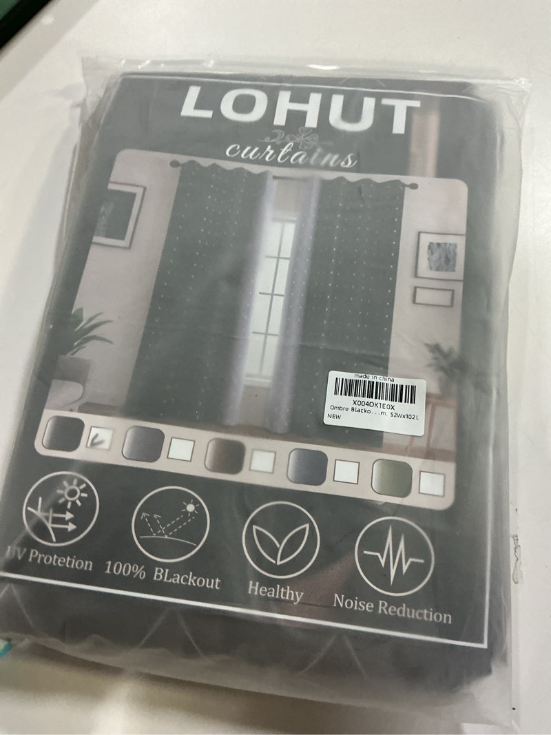 Condition photo showing New/Like New for ombre greyishish white black blackout curtains & drapes 63 inch length 2 panels for bedroom, thermal insulated full light blocking grommet blackout drapes for kids room, 52wx63l black 52"w x 63"l (pack of 2)