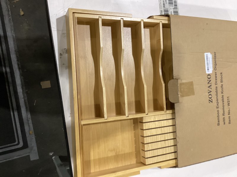 Condition photo showing New/Like New for Wencrfat Silverware Drawer Organizer with Removable Knife Block and Dividers, Expandable Bamboo Kitchen Drawer Organizer, Flatware Utensil Cutlery Organizer for Drawer 8 Compartments 8 Slots Expandable