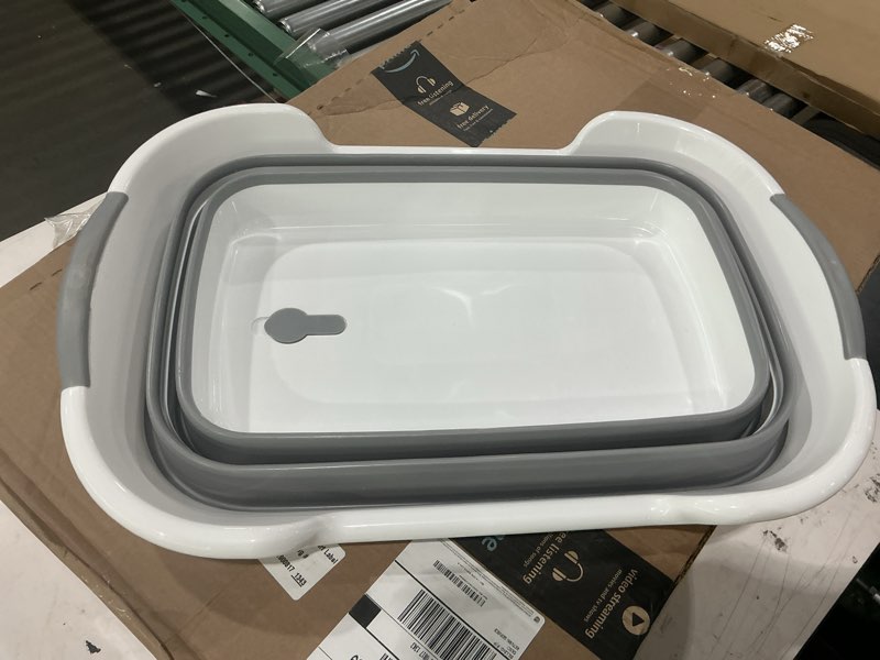 Condition photo showing New/Like New for multi-functional collapsible dog bathtub with brush,drainage hole, 7.1 gal/27l portable laundry basket, foldable small pets bathtub, bathing tub for puppy small dog cat (grey)