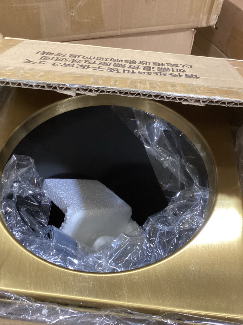 Condition photo showing New/Like New for 2.6gal gold bathroom trash can,brass tarsh can,open top,stainless steel,waterproof,double-layer with inner lining for bathroom,bedroom,office,living room,hotel (gold)