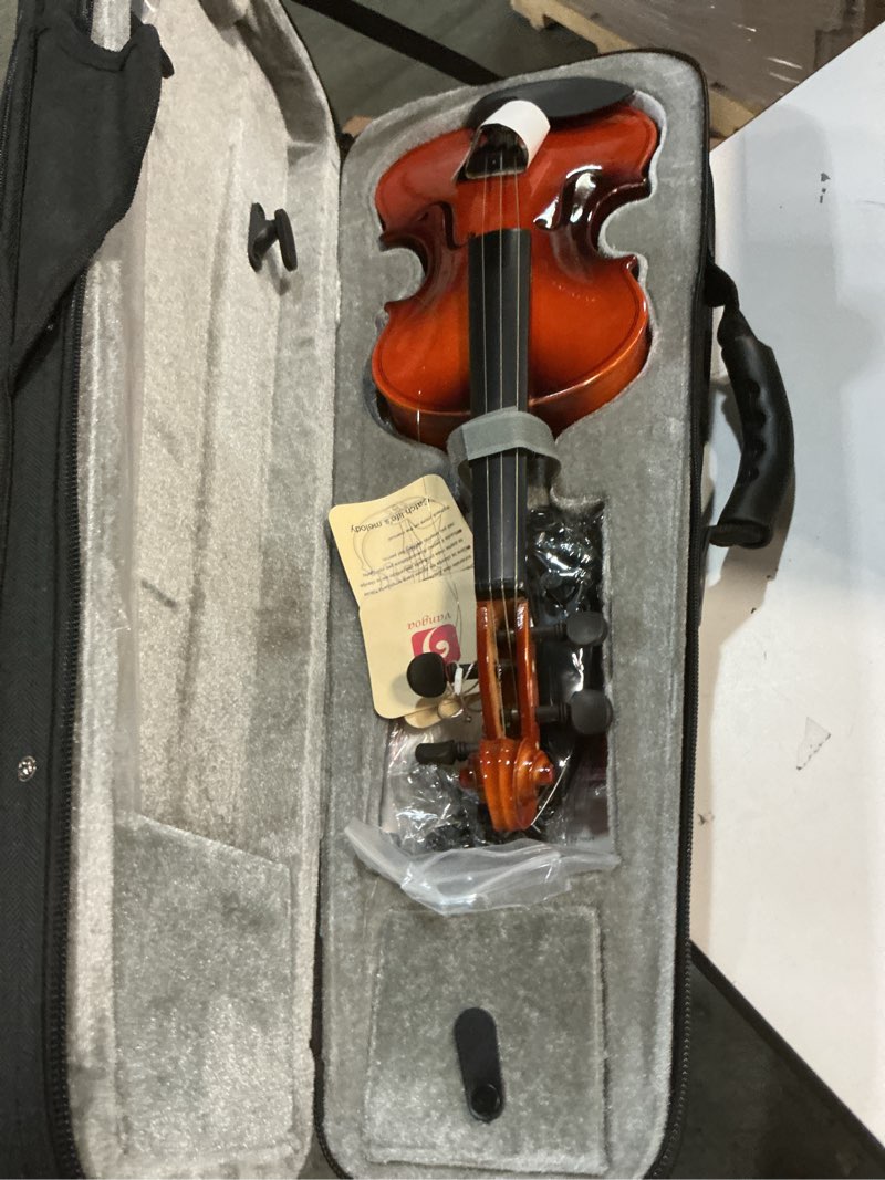 Condition photo showing As Is for vangoa 1/4 violin set for beginners, fiddle quarter size with hard case, rosin, tuner, mutes, shoulder rest, strings, notes stickers (imprinted finger guide on fingerboard) 1/4 gradient red