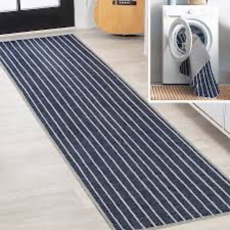 jonathan y machine washable navy/gray runner rug 2x8 ft, rand distressed ticking stripe for living r