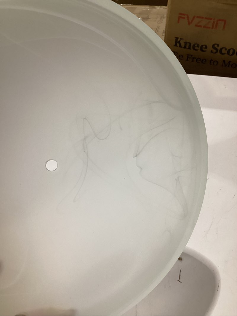 Condition photo showing As Is for designers fountain reedley 3-lights flush mount ceiling light, 15 inch lighting fixture for kitchen, bedroom, bathroom, and hallway, white alabaster glass, oil rubbed bronze, 1257l-orb-al