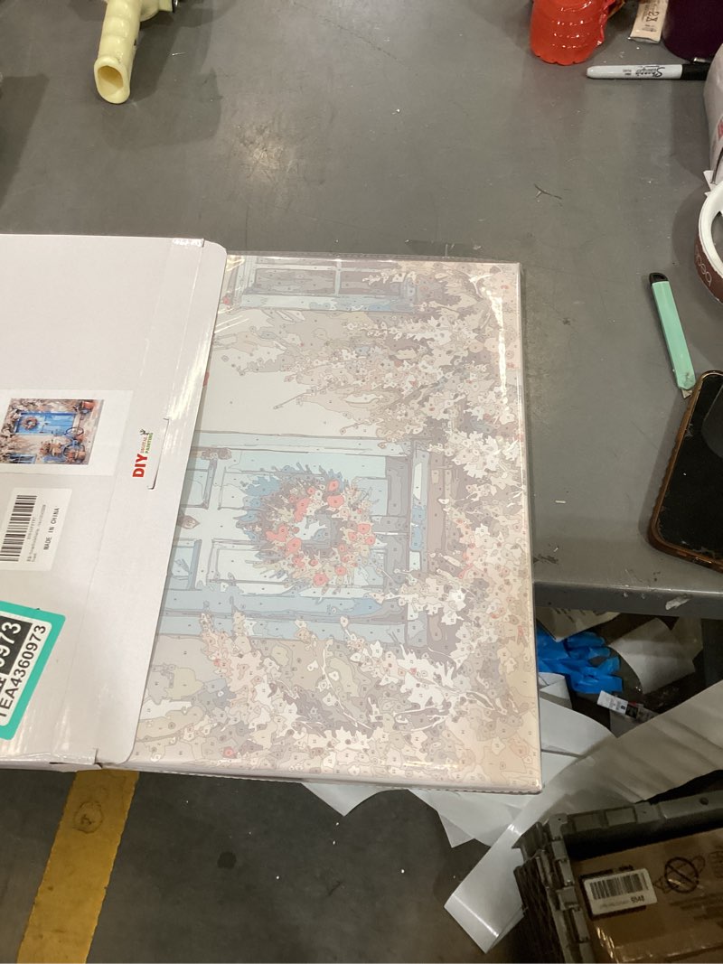 Condition photo showing New/Like New for vintage bicycle paint by numbers kit for adults - diy blue bike with wreath door and pink flowers painting on canvas, acrylic paint set for beginners, art for home decoration or gifts(16x20in framed) hsx00460-16x20in framed