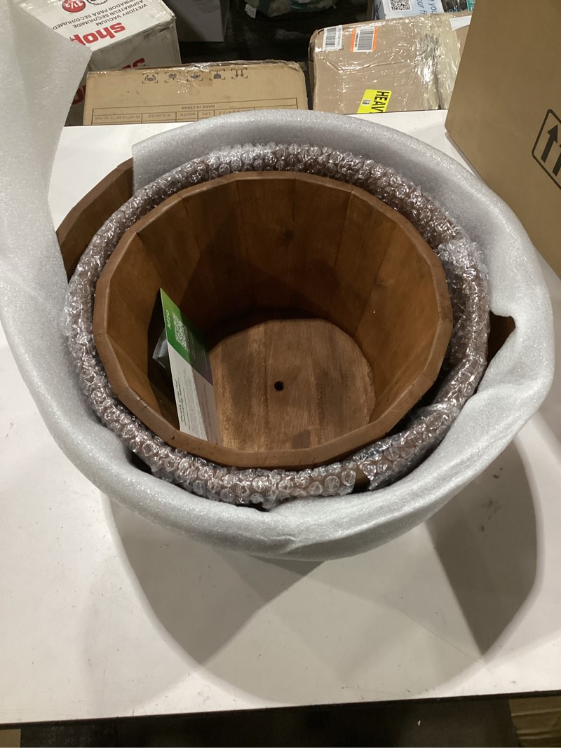 Condition photo showing New/Like New for idzo set of 3 wooden flower boxes outdoor, durable acacia wood barrel planters for outdoor plants with ergonomic handles, drainage holes, multiple sizes wood bucket planter light brown round_ light brown _ pack 3
