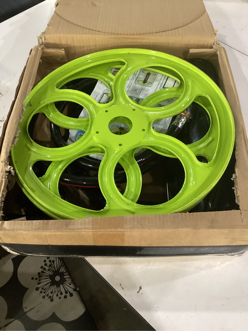 Condition photo showing As Is for incomple***** garden hose reel heavy duty ?for 5/8\" hose reel with crank handle retractable, wall/floor mount metal hose reel, holds up to 400-feet. (with 5 ft hose included)
