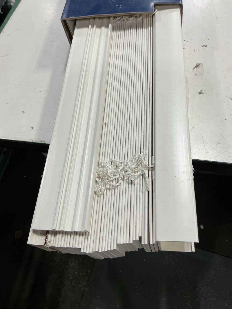 Condition photo showing As Is for levolor trim+go 2-in slat width 47-in x 64-in cordless white faux wood room darkening horizontal blinds