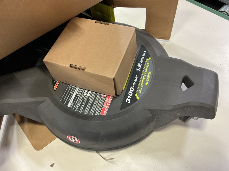 Condition photo showing As Is for ryobi 12 in. 3100 psi electric pressure washer surface cleaner with caster wheels