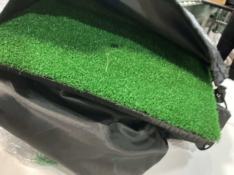 Condition photo showing As Is for golf net: 10x7ft golf practice net for backyard driving, hitting net with tri-turf mat, indoor training chipping aid nets with reduce noise nylon target, gifts for men/dad/him all-season