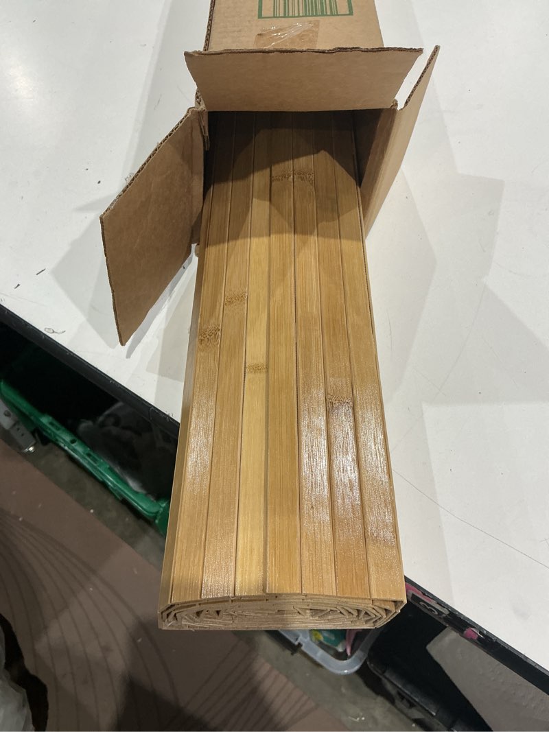 Condition photo showing Good Condition for fonuno bamboo wall panel for interior decoration bamboo pole wrap roll natural wainscoting paneling decorative wall slat covering for living room, bedroom, office (48 inch x 96 inch, carbonized) 96"l x 48"w carbonized