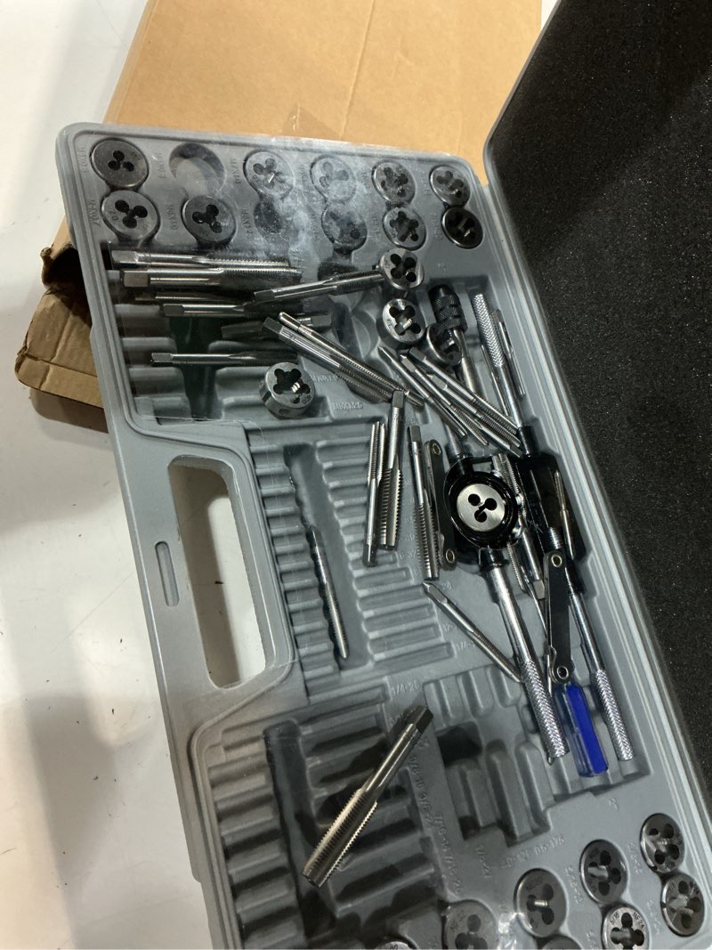 Condition photo showing Good Condition for 60-pc master tap and die set - include sae inch size #4 to 1/2” and metric size m3 to m12, coarse and fine threads | essential threading rethreading tool kit with complete accessories and storage case standard set, 60-piece
