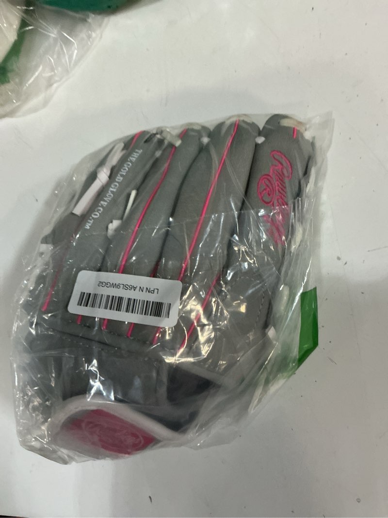 Condition photo showing As Is for rawlings | sure catch series youth softball glove | sizes 10" - 12.5" | multiple styles grey / pink 10.5" right hand throw