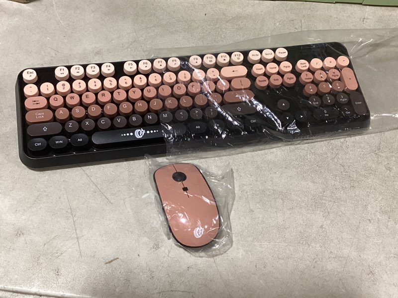 Condition photo showing As Is for wireless keyboard and mouse combo, 104 round keys cute colorful keyboard and mouse with retro typewriter for pc/mac/laptop/tablet/computer/windows black black pink