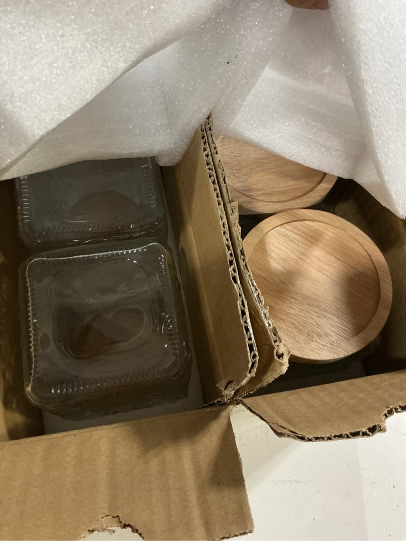 Condition photo showing New/Like New for snminetal vintage glass airtight storage jar set of 4, with airtight wood lid, kitchen food storage containers,for kitchen counter, pantry, tea, sugar,coffee,food storage jar(plum pattern)