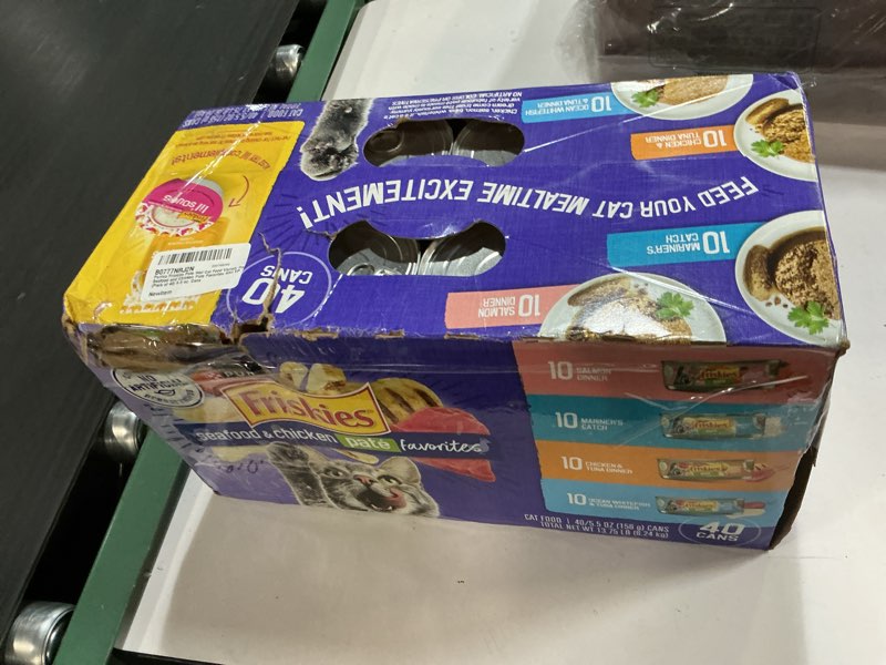Condition photo showing New/Like New for ( BB/MAY/2027) Purina Friskies Pate Wet Cat Food Variety Pack Seafood and Chicken Pate Favorites 40ct VP - (Pack of 40) 5.5 oz. Cans 5.5 Ounce (Pack of 40)