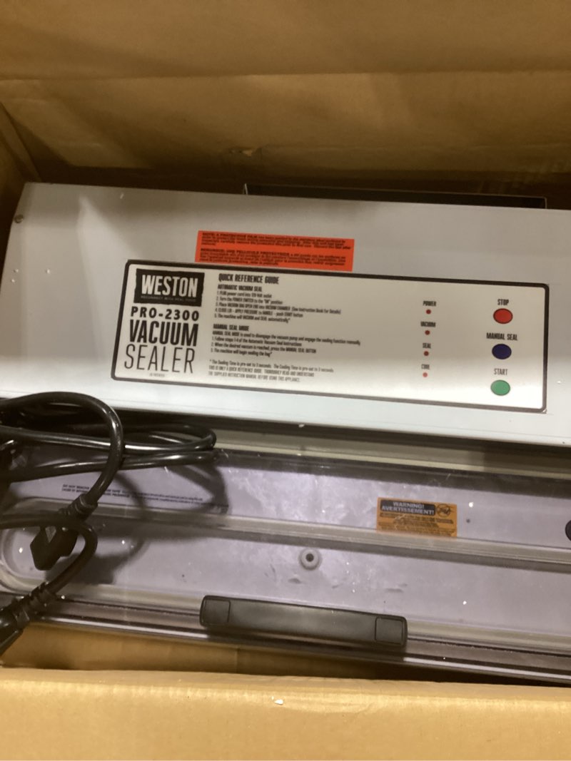 Condition photo showing New/Like New for Weston Brands Vacuum Sealer Machine for Food Preservation & Sous Vide, Extra-Wide 5mm Bar for Sealing Bags up to 16" Wide, 935 Watts, Commercial Grade Pro 2300, Stainless Steel (65-0201)