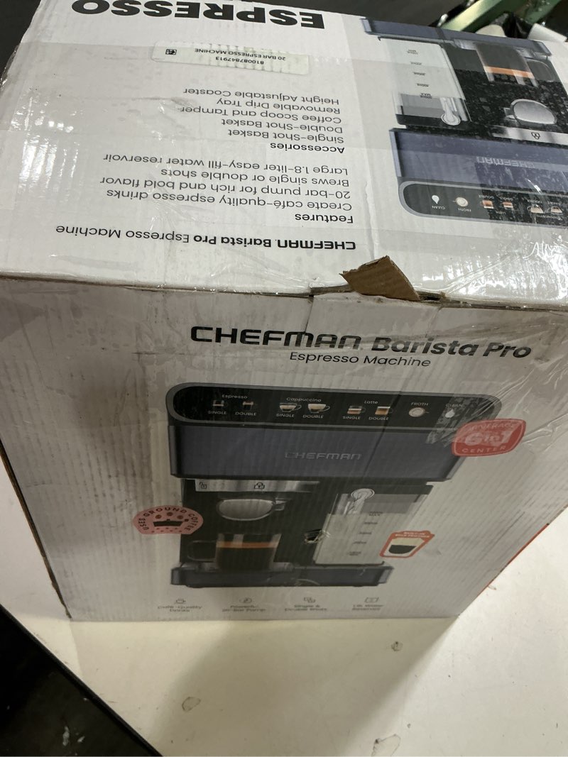 Condition photo showing As Is for Chefman CaféMaster Pro Espresso Machine, Brew Single or Double Shots, Coffee Maker with Built-In Milk Frother for Cappuccino & Latte, XL 1.8 Liter Removable Water Reservoir - Stainless Steel Automatic